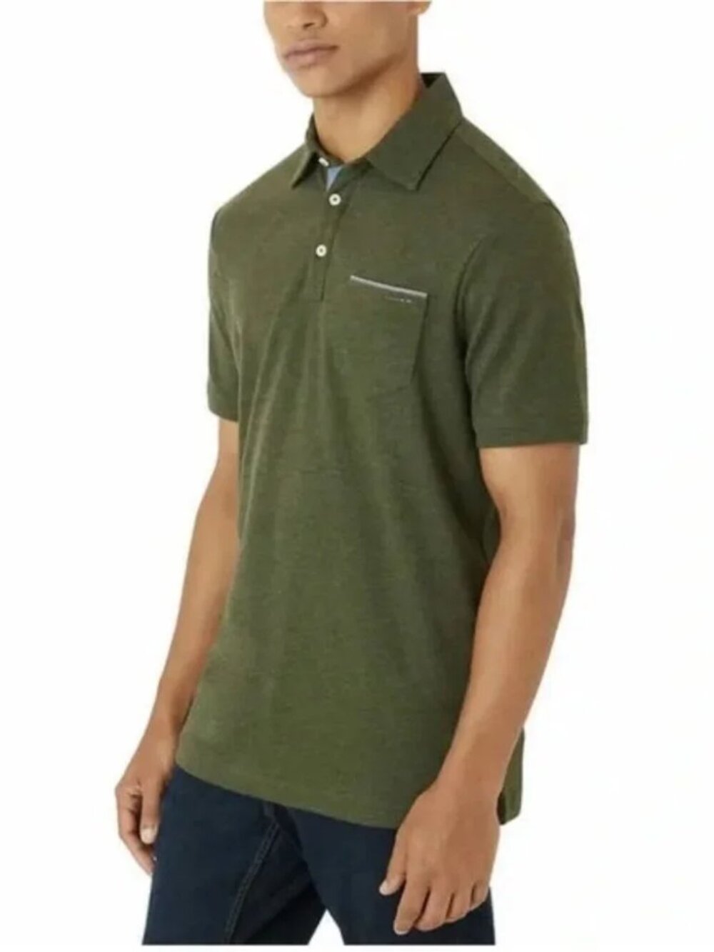 NEW Tahari Men's Solid Olive Army Fine Cotton Interlock Chest Pocket Polo Shirt